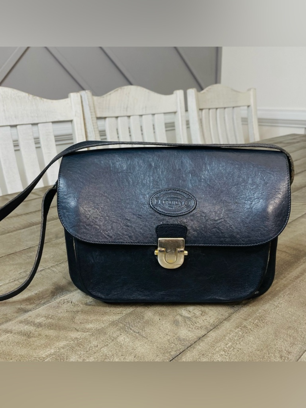 Vintage Oroton Black Leather Crossbody Bag | Gold Push-Lock Satchel